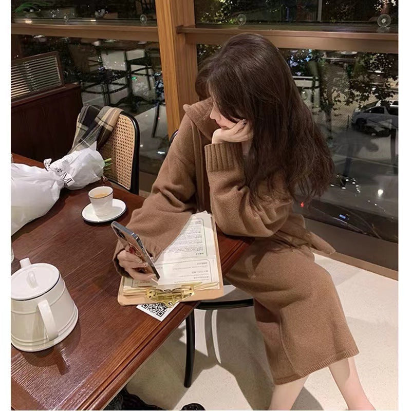 brown puffer jacket outfit Autumn Cold Style High-Grade Knitwear Sweater Suit Skirt Royal Sister Dress Two-Piece Set