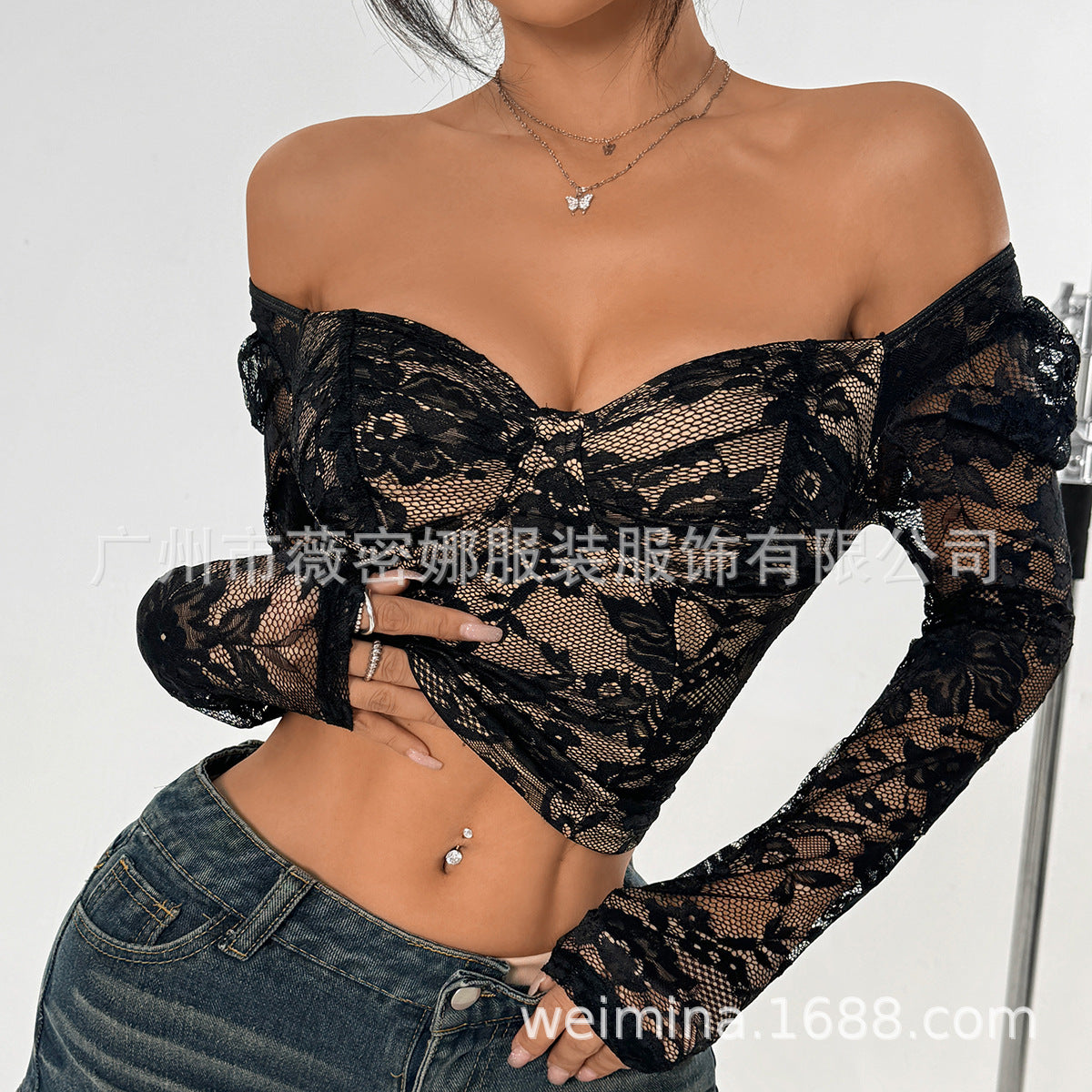 frat outfits Sexy Hot Girl Long-Sleeved Blouse See-through New Versatile Lace Solid Color Slim Design