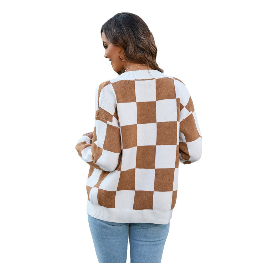 outfit inspo 2024 Autumn and Winter New Plaid Sweater plus Size Stitching Cardigan Top Women's Knitted Coat Fashion