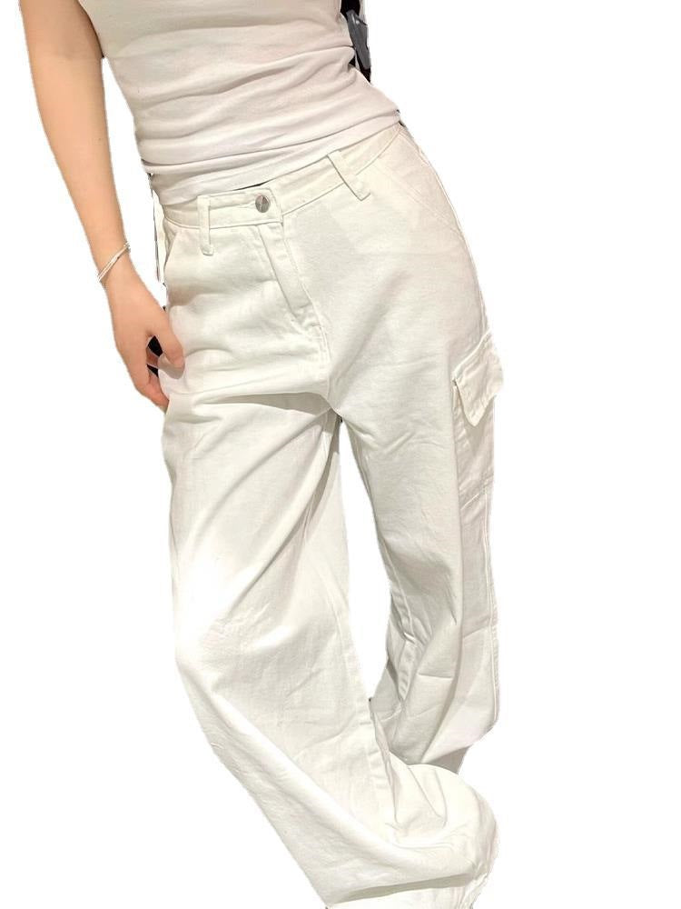 guys clothing styles White High Street Straight Denim Overalls Women's Autumn High Waist Loose Slimming Wide Leg Casual Pants