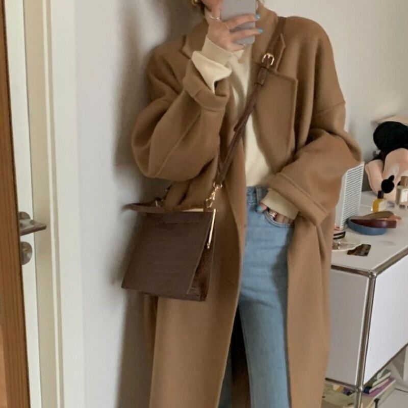 outfit inspo fall Chic Korean Style Loose Mid-Length Woolen Coat Women's Temperament over-the-Knee Woolen Coat Autumn and Winter