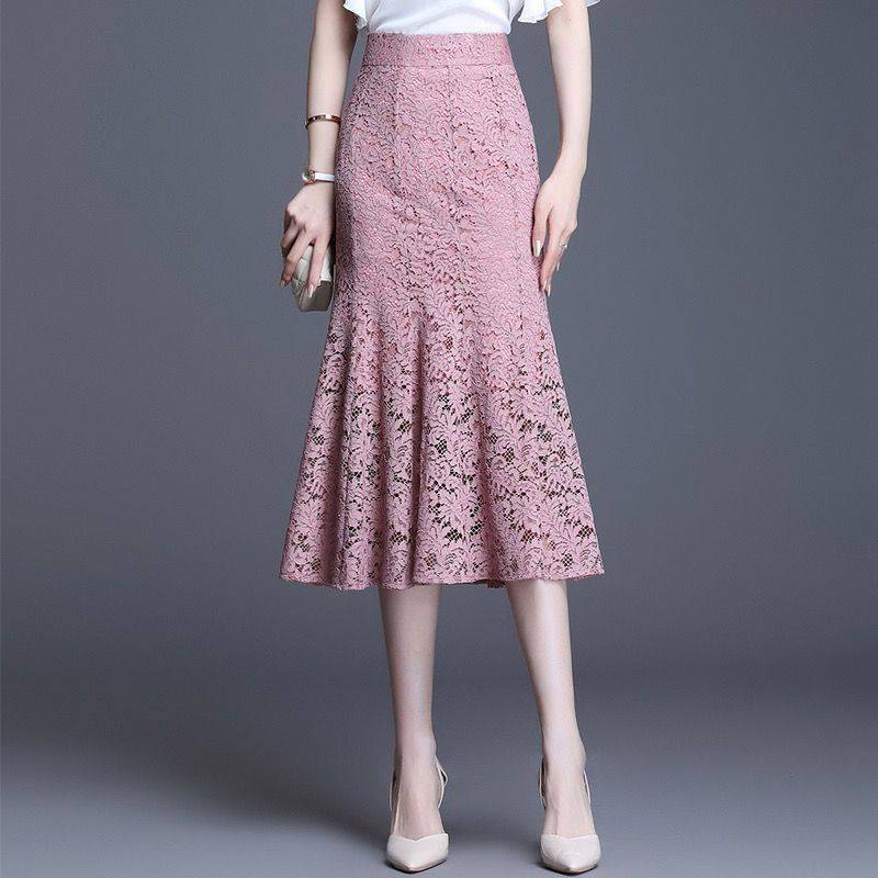 fashion outfits Pink Women's Lace Fishtail Skirt Autumn Skirt Elegant Mid-Length Hip Skirt Fashion