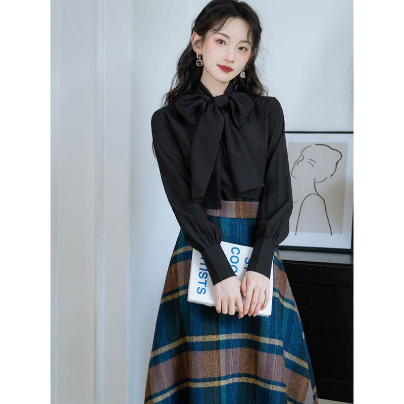 outfit ideas Autumn and Winter French Style Bow Artistic Top Women's High Waist Retro Plaid Woolen Skirt Two-Piece Set