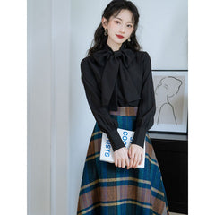 outfit ideas Autumn and Winter French Style Bow Artistic Top Women's High Waist Retro Plaid Woolen Skirt Two-Piece Set