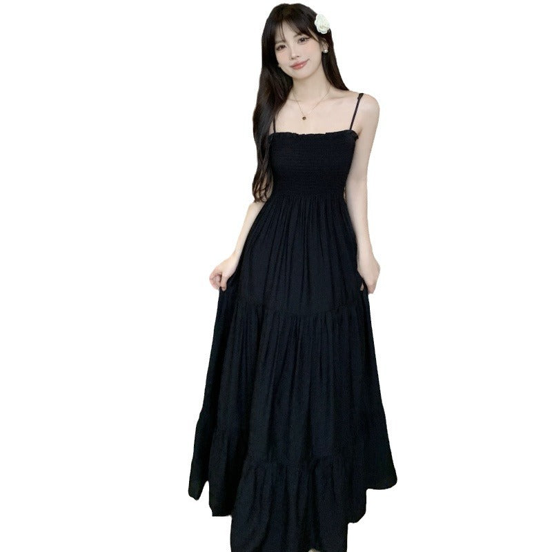 church outfit Spring/Summer New French Retro Hepburn Style Holiday Black Suspender Dress + Cardigan Two-Piece Set