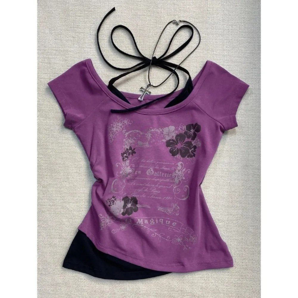 fashion outfits Feishi Style Retro Vintage Halter Fake Two-Piece Short-Sleeved T-shirt Mid-Ancient Summer Short Top