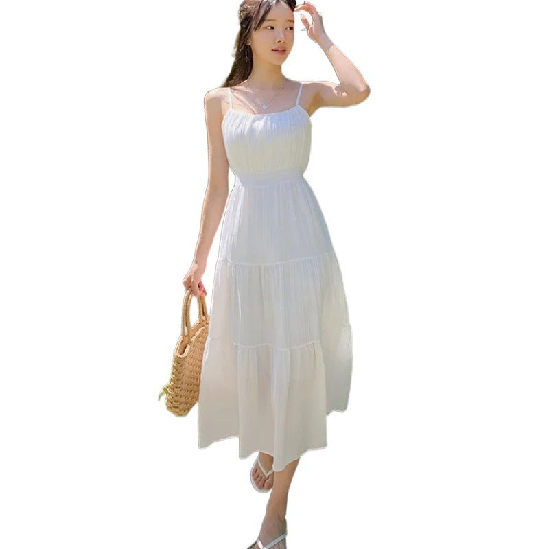 church outfit Chic Korean Style Summer French Gentle Sweet Square Collar Pleated Holiday Casual Cake Skirt Sling Dress