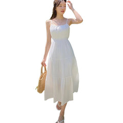 church outfit Chic Korean Style Summer French Gentle Sweet Square Collar Pleated Holiday Casual Cake Skirt Sling Dress
