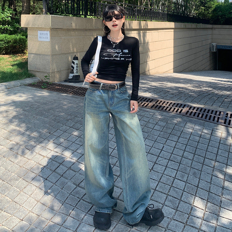 90s streetwear Loose Straight Jeans for Women Spring and Autumn New Retro Washed Distressed High Waist Slimming Pants for Women