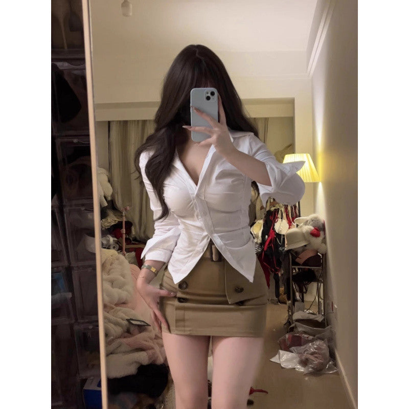 birthday outfit Plus Size Chubby Girl Hot Girl Style Slimming Wear Suit Early Spring Tight Waist Long Sleeve Shirt + Belt Skirt Two-Piece Suit