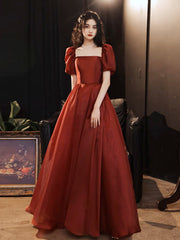 BXOXO A-Line Puff Sleeves Organza Burgundy Long Prom Dress, Burgundy Long Evening Dress