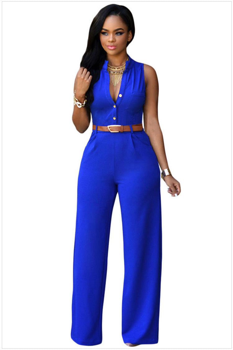 business casual Sexy Stand Collar Women's Jumpsuit Single-Breasted High Waist Hip Lifting Wide Leg Pants with Belt