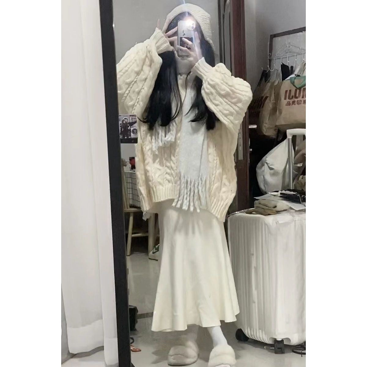 fall winery outfits Korean Style Lazy Style V-neck Sweater Retro Warm Loose Spring and Autumn Winter Gentle Style Pullover Skirt Two-Piece Set