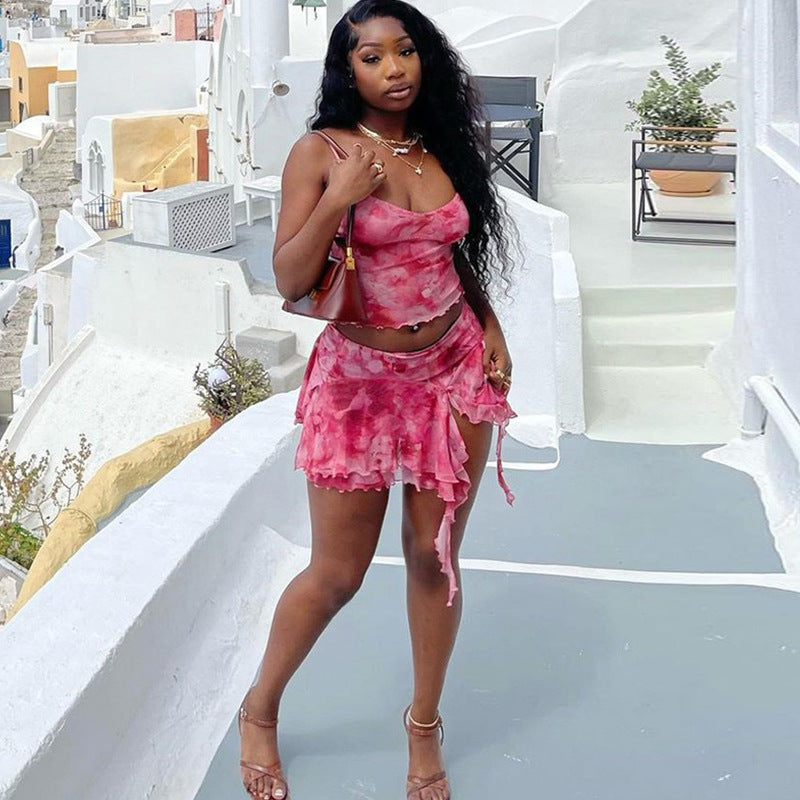 2000s fashion Summer Fashion Two-Piece Suit Mesh Printed Sexy Camisole Split Skirt Skirt
