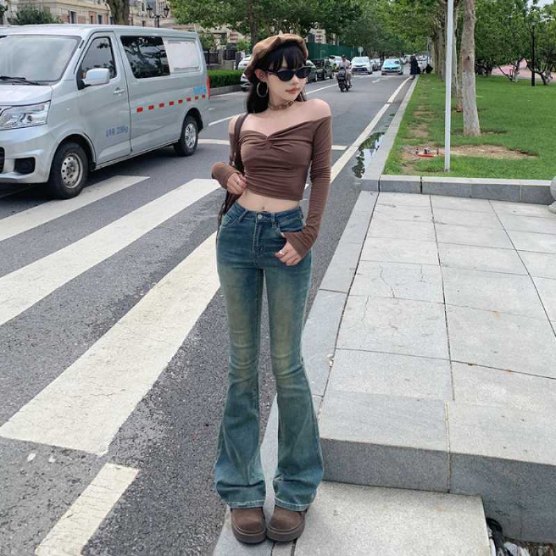 datenight fall outfits Multi-Color Retro High Waist Slim-Fit Stretch Flared Jeans Women's Cropped Trousers Lengthened