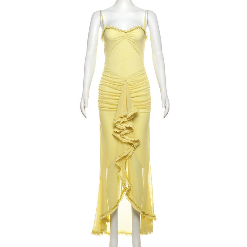 funky yellow sunglasses Autumn New Sweet Fresh Furry Lotus Leaf Lace Stitching V-neck Low-Cut Gauze Irregular Dress
