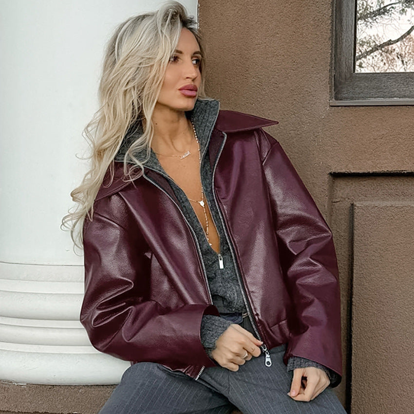 guys clothing styles Angora Red Jacket Leather Coat Motorcycle Girl Fashion Coat Autumn and Winter Niche Top Women's Temperament