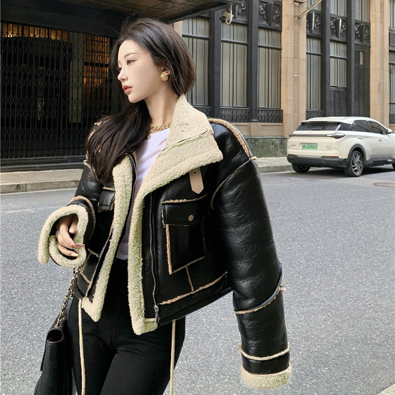 Short Leather Coat for Women Winter Fleece-lined Thickened Fur Integrated Motorcycle Clothing Lamb Fur PU Leather Jacket Fashion