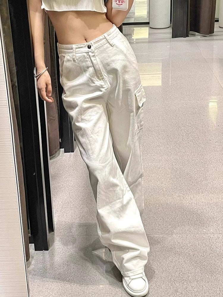 guys clothing styles White High Street Straight Denim Overalls Women's Autumn High Waist Loose Slimming Wide Leg Casual Pants
