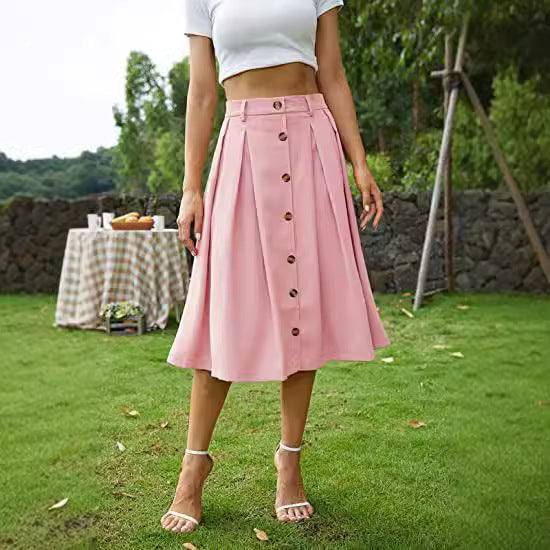skirt outfits Spring and Summer New Women's Button Skirt Casual Skirt Plastic Waist Princess Dress