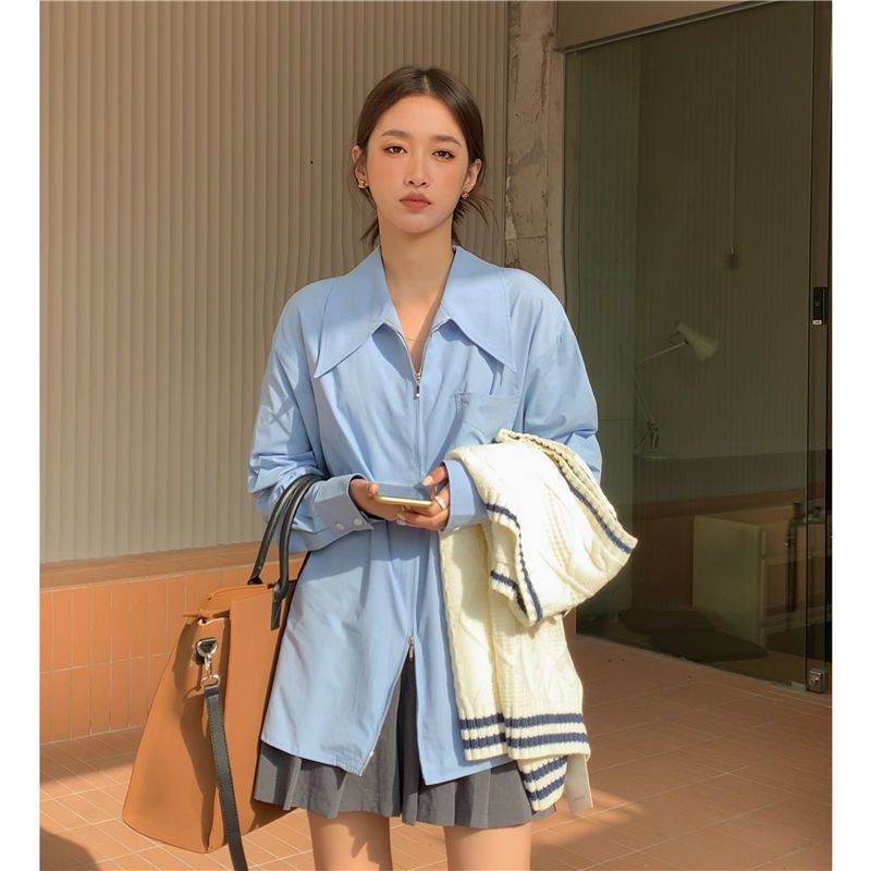business casual outfits New High Design Large Lapel Zipper Shirt Pointed Collar Stacked Long Sleeve Shirt Lazy Style Blue Shirt for Women