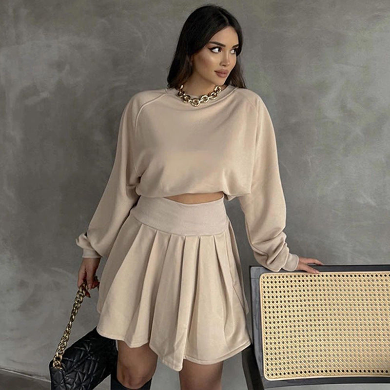 leapord halloween outfit Autumn and Winter Solid Color Long-Sleeved Sweater Pleated Skirt Two-Piece Suit Fashion Casual Suit Women