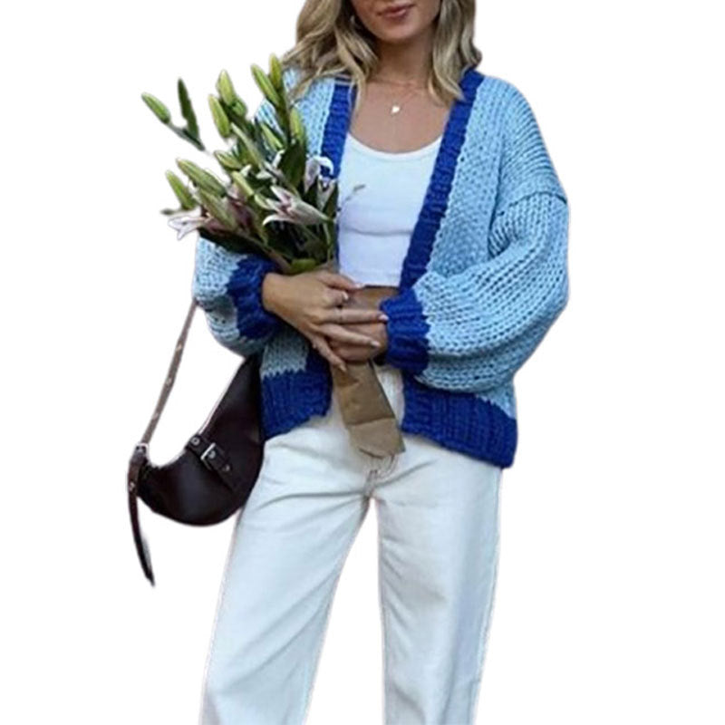 women’s fashion New Color Matching Knitted Long-Sleeved Cardigan Fashion Women's Loose Casual Sweater Coat