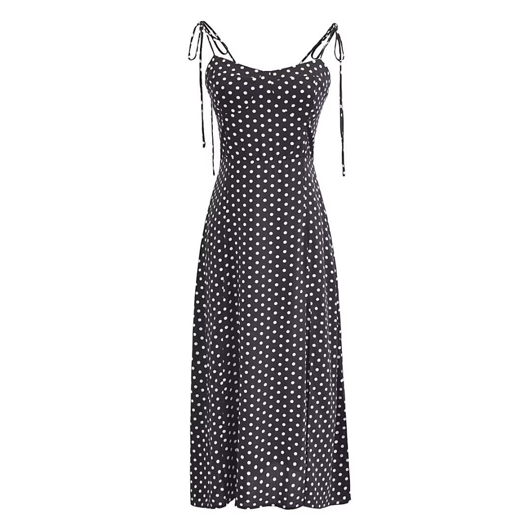 summer outfits inspo Sexy Side Slit Slim High Waist Sling Midi Dress Summer French Retro V-neck Polka Dot Print Dress Women