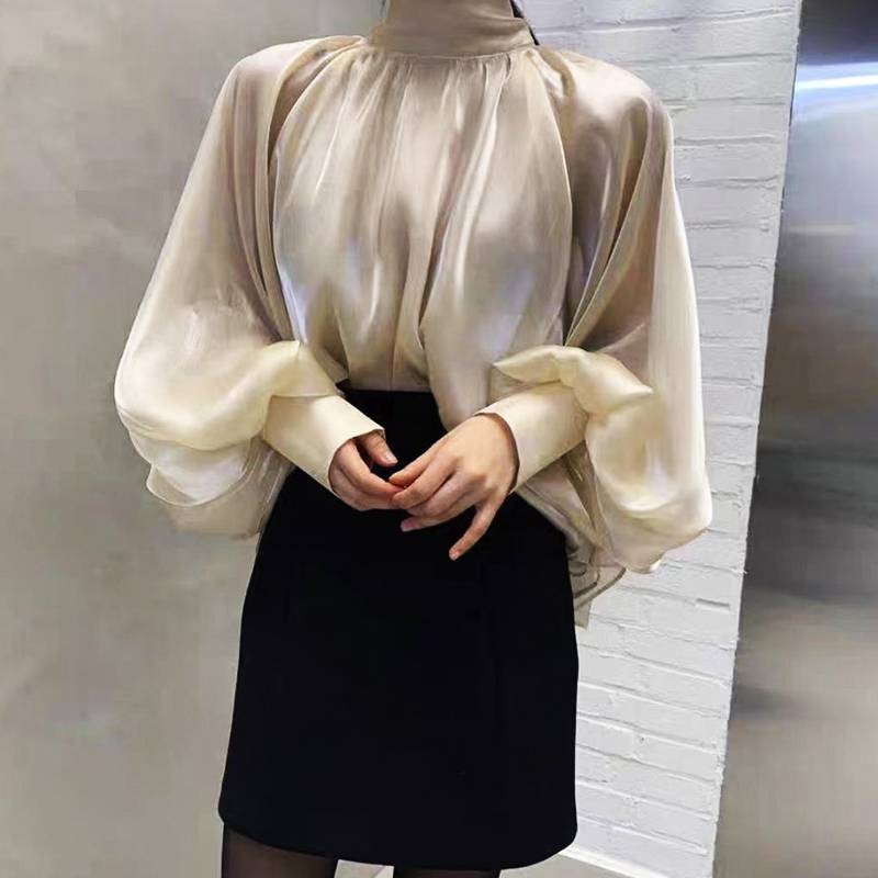 business casual outfits Spring NEW High Collar Back Lace-up Elegant Socialite Exaggerated Lantern Sleeve Shirt Loose Shirt