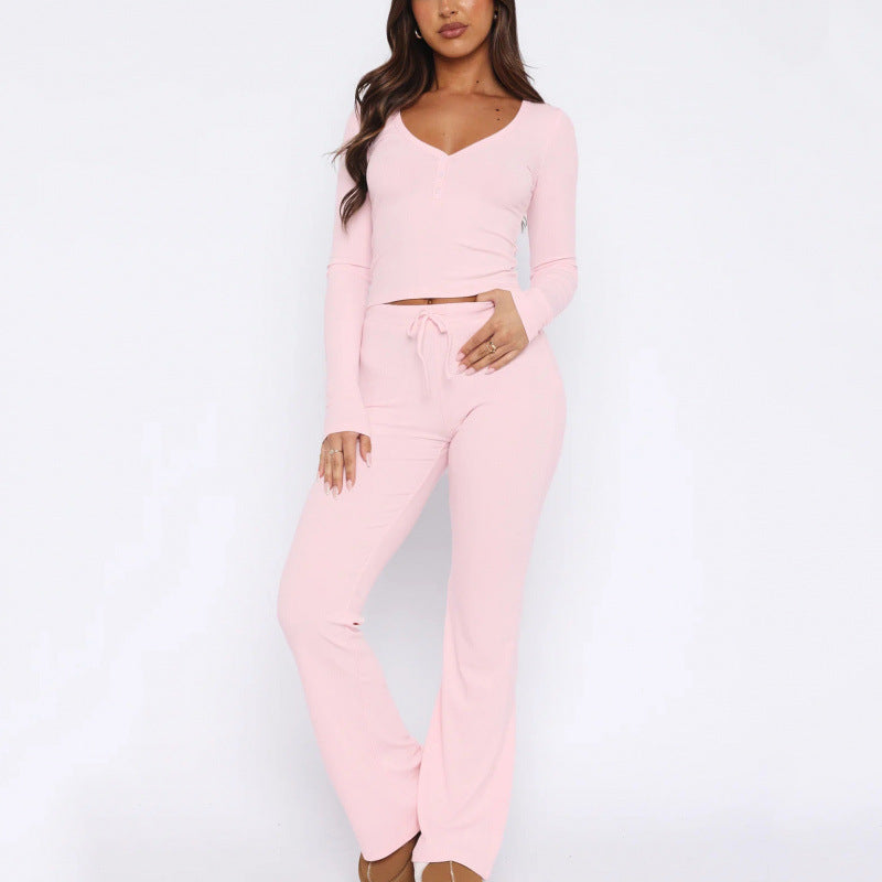 comfy school outfits 2024 Spring and Autumn New Suit Long Sleeve Button Solid Color Tight Top and Trousers Two-Piece Set for Women