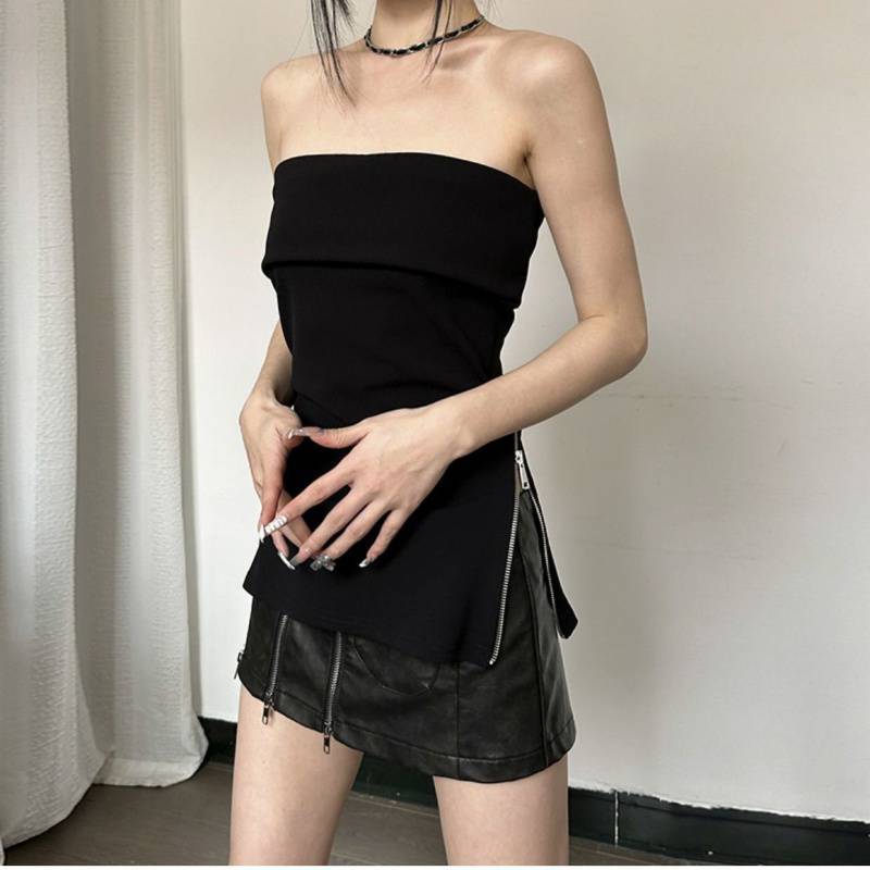 going out outfits Hot Girl off-Neck Tube Top Women's Black Versatile Slim Fit Slimming Zipper T-shirt Tube Top