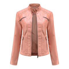 2000s fashion New Women's Casual Leather Jacket Stand Collar Jacket Slim Coat Women's Spring and Autumn Solid Color Women's Leather Jacket