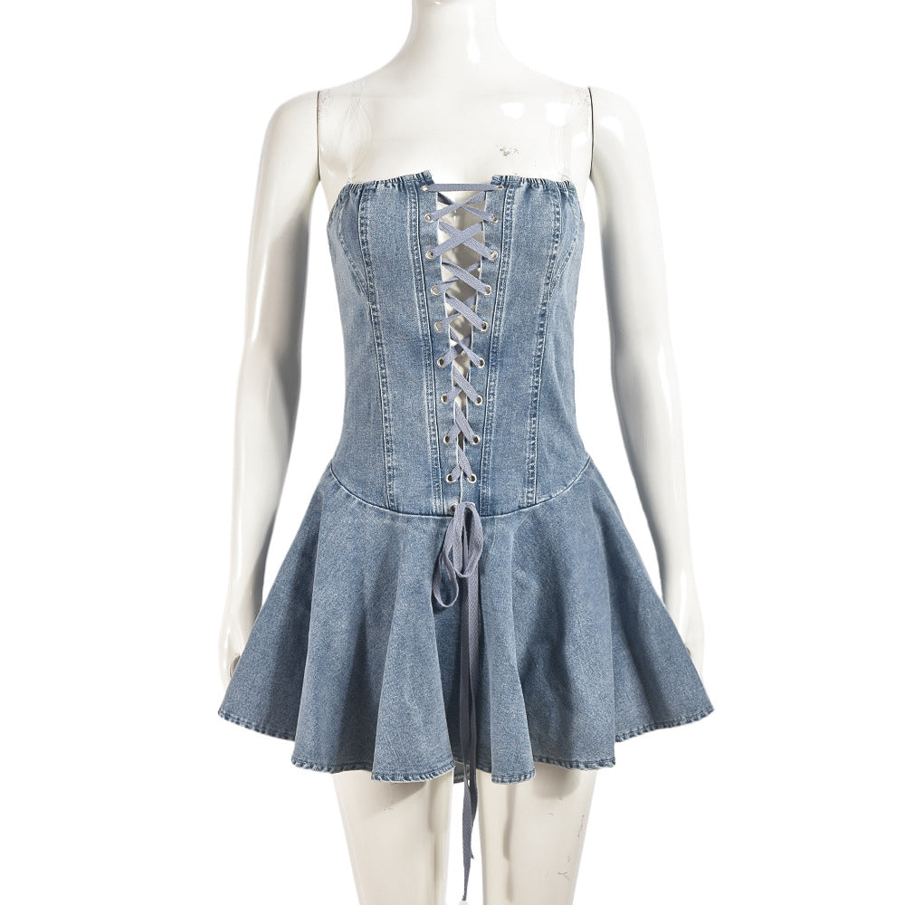 dress to impress harajuku Dress Women's Zipper Lace-up Chest Wrap Sexy Hot Girl Denim Short Ruffle Skirt