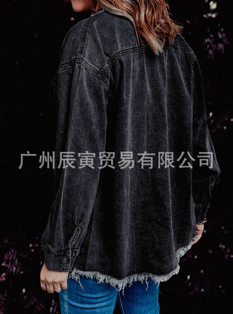 fashion outfits INS Autumn Street Hipster Denim Lapel Loose Simple Women's Shirt Three Colors Size 5