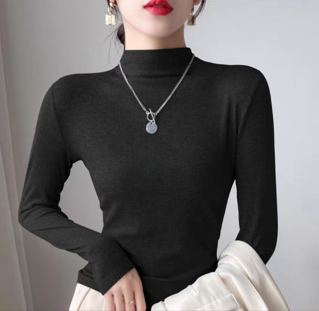 outfit inspo Deep Flower Gray Long-Sleeved T-shirt Women's Autumn and Winter Half Turtleneck Bottoming Shirt Inner Slim Thread Knitted Top 2024 New