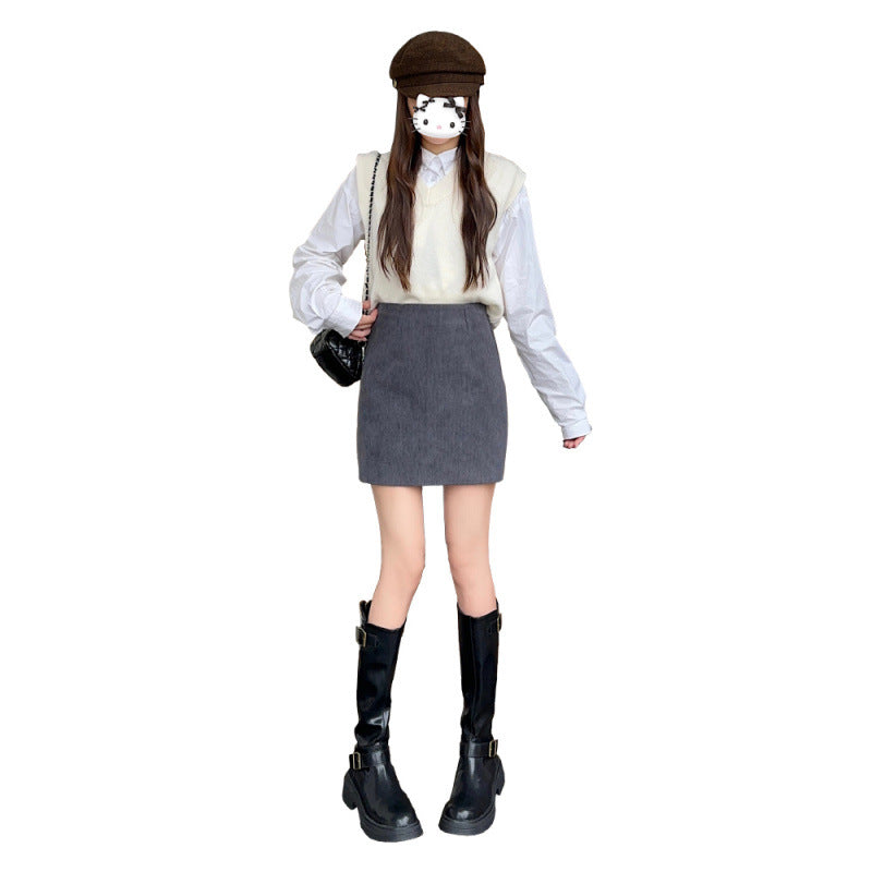 tailgate outfit black women Retro Corduroy A- line Skirt for Women Autumn and Winter Slimming Small Hip-Wrapped Short Skirt Fashion
