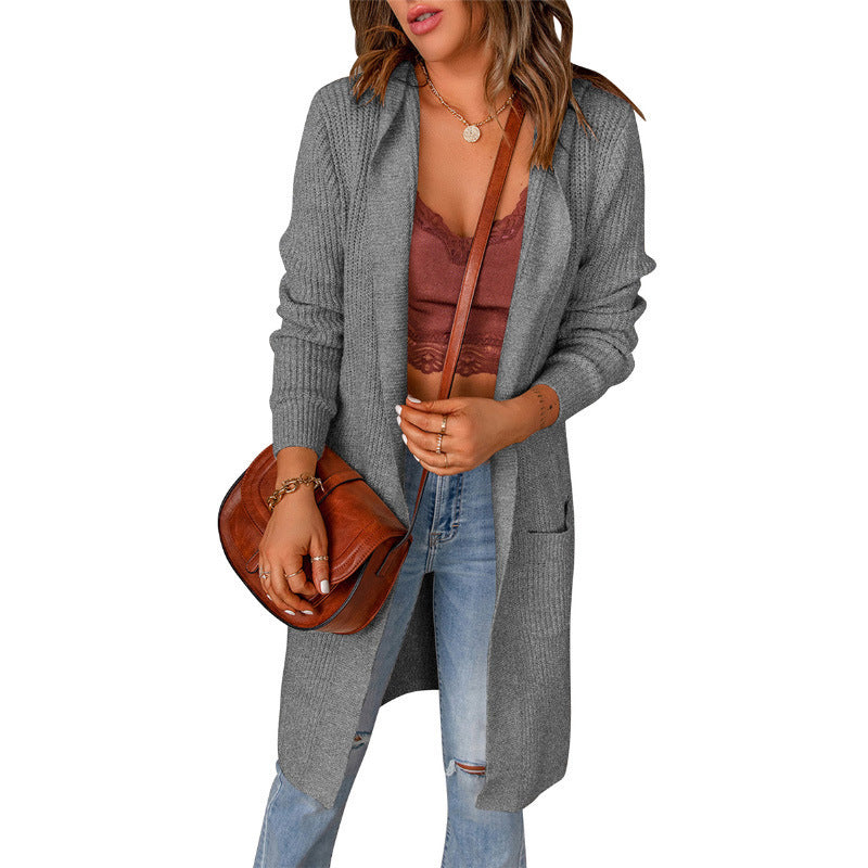 Fashion Autumn and Winter New Solid Color Hooded Coat Women's Mid-Length Shirt Long Sleeve Sweater