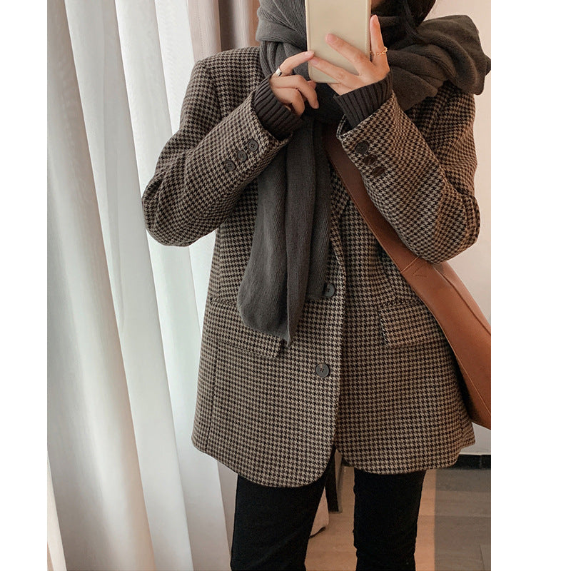 tyler the creator outfits Brown Houndstooth Woolen Suit Jacket for Women Autumn and Winter Korean Style Loose Lazy Woolen Coat