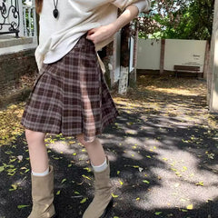 fashion outfits American Style Retro Brown Plaid Skirt Women's Autumn Korean Style High Waist Slimming Sweet Spicy A- line Pleated Short Skirt