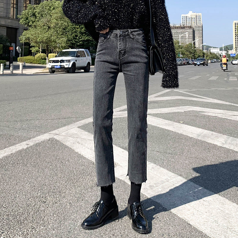 grunge outfits Black and Gray Straight Jeans Women's Autumn and Winter High Waist Stretch Slim Fit Slimming Small Loose Frayed Ankle-Length Pipe Pants