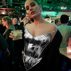 concert outfit Women's Summer New Solid Color Casual PU Leather Glossy Zipper Slim Sleeveless Tube Top