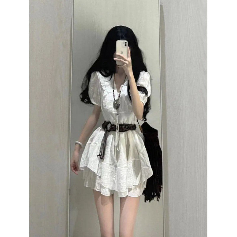 halloween costumes Small French Style White Short-Sleeved Dress Short Leather Coat Women's Sweet Summer Short Skirt Suit