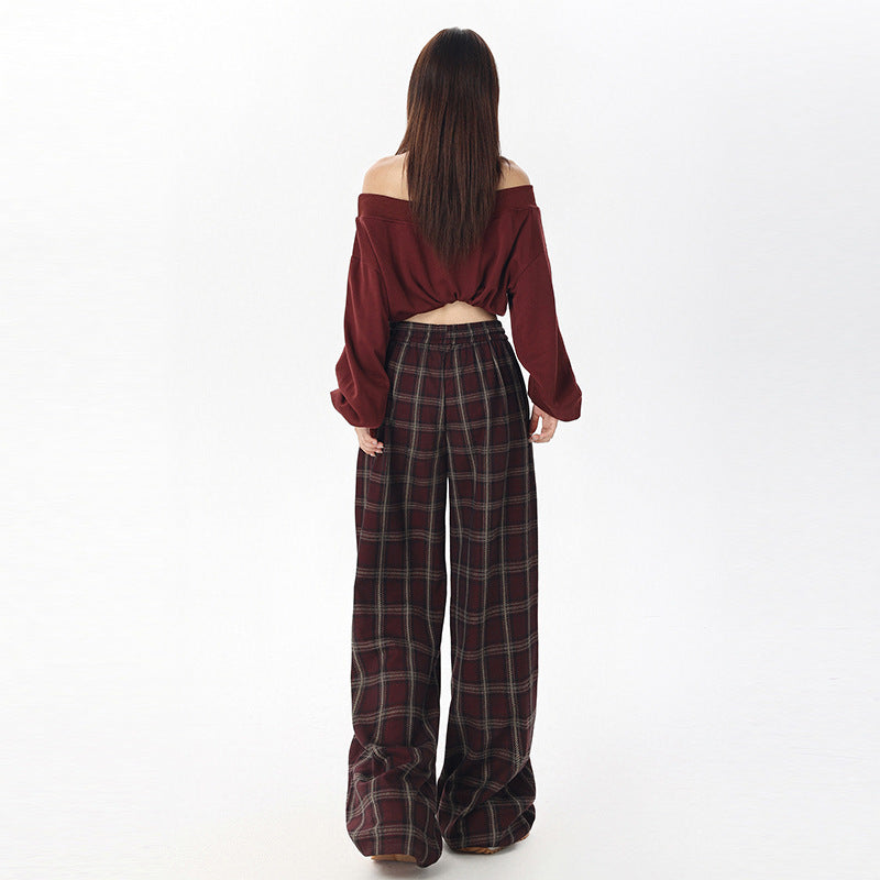 dream clothes Lazy Plaid Wide-Leg Casual Pants for Women Autumn High Waist Slimming Drawstring Fashionable Straight Pants