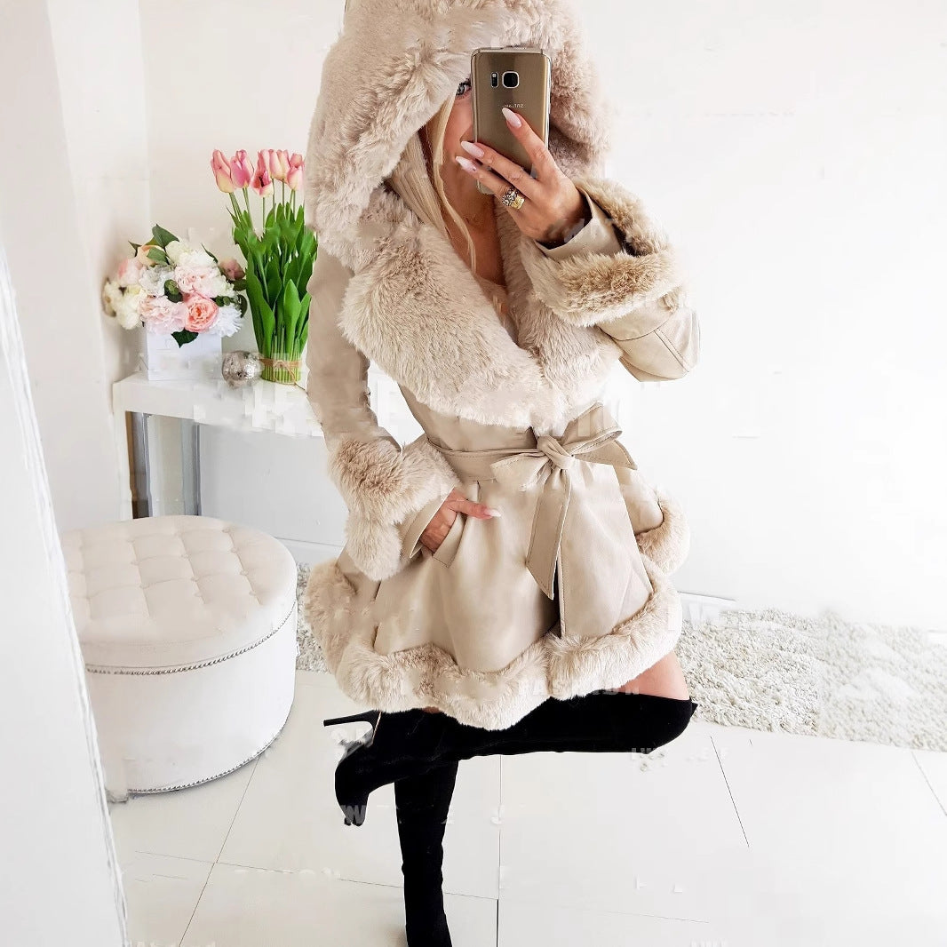 Women's Long-Sleeved Warm Solid Color Lace-up Belt Fur Stitching Ruffled Hooded Jacket
