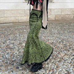 fall outfits women Vintage Printed Reverse Lace Irregular Elastic Waist Slim Fishtail Long Skirt