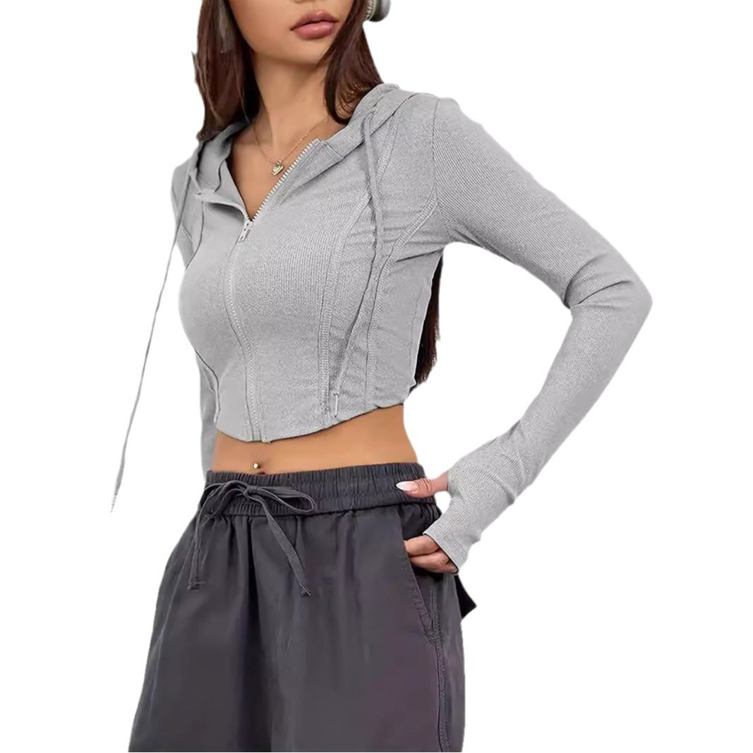 fall outfit Autumn Hooded Drawstring Waist Zipper Cardigan Top Slim Fit Sexy Navel Sports Short Coat for Women