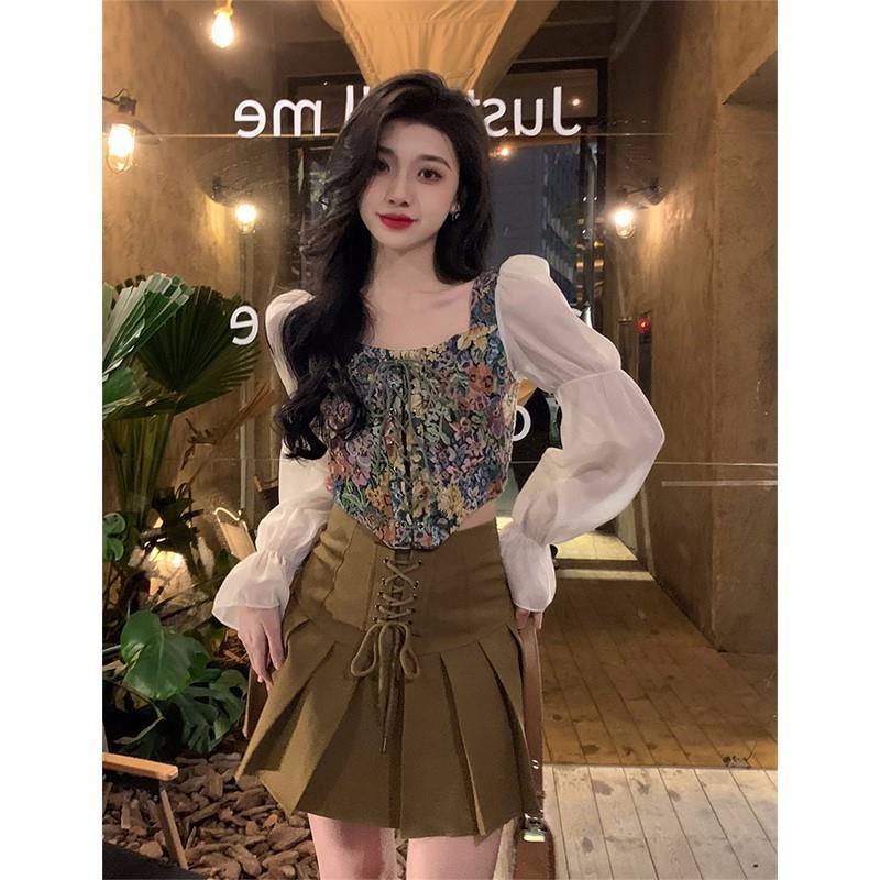 teacher outfits French Style Retro Elegant Embroidered Long Sleeve Square Collar Pullover Shirt Women's Slim Fit Western Style Short Outer Chiffon Shirt Top