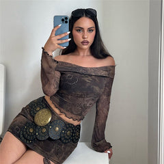 concert outfit Fall New Style Sexy Slim-Fit Navel off-Shoulder Top High Waist Drawstring Short Skirt Suit