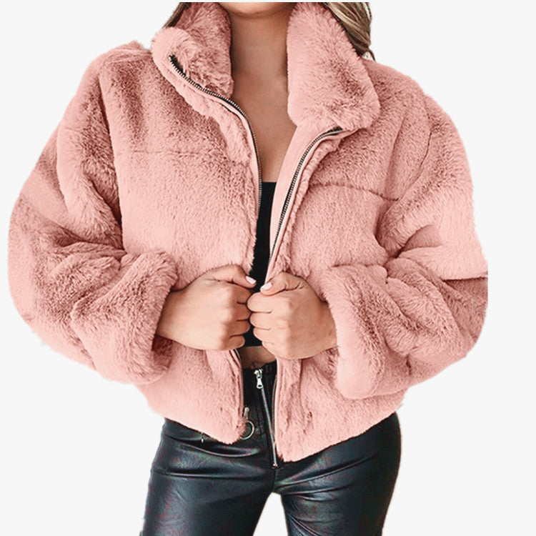 Women's Autumn and Winter Rabbit Fur Faux Fur Zipper Cardigan Plush Warm Coat