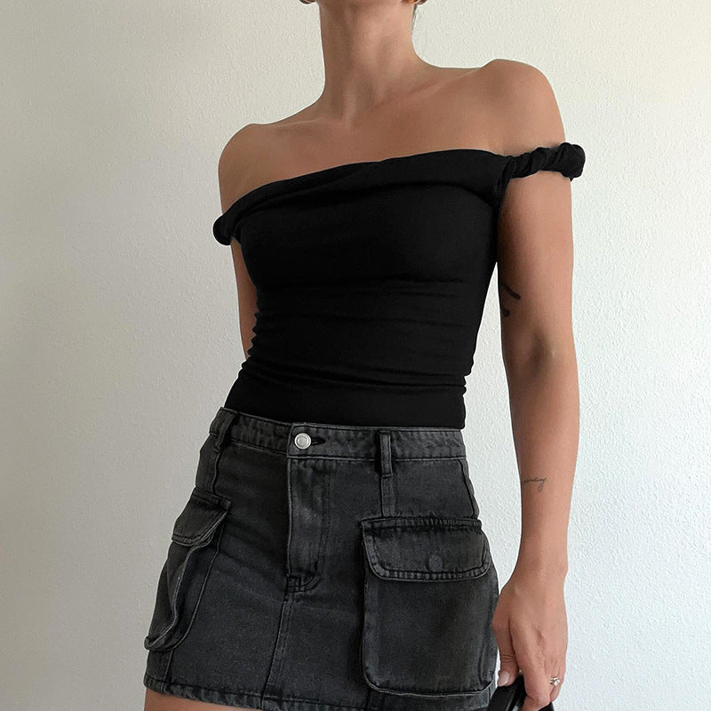 going out outfits Women's Summer New Solid Color Sleeveless off-Neck Twisted Sexy Tight T-shirt Top for Women